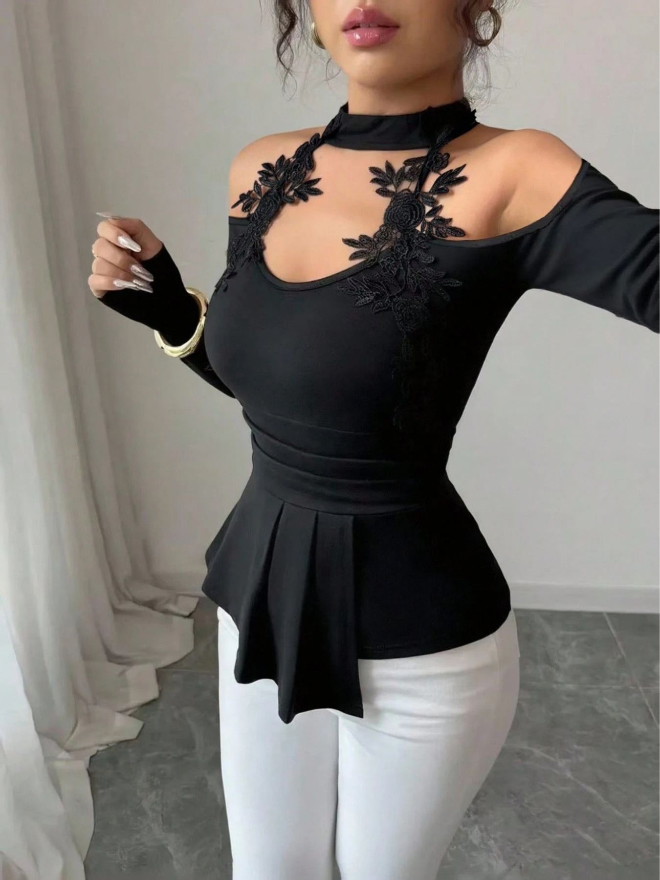 Womens Long Sleeve Top New Hollow Off-shoulder Slim Top Evening Party Wear